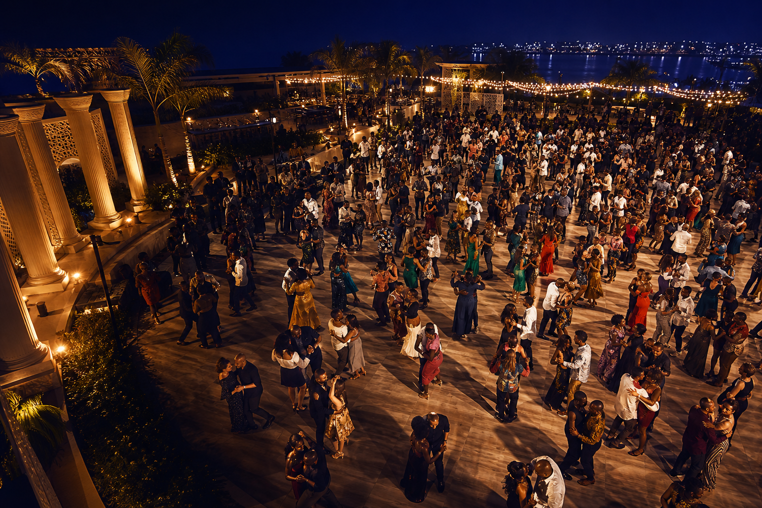 A large international crowd dancing together at a KIZALSAFEST night festival