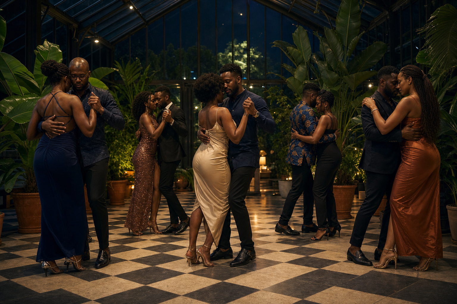 Several couples sharing a KIZALSA social dance at night